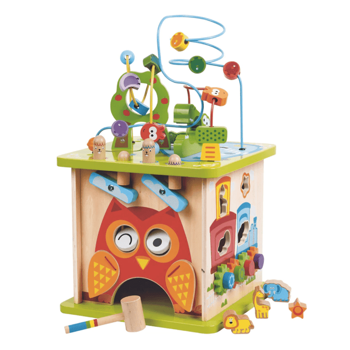 The Hape Wildlife Safari Adventure Centre by Hape is a wooden toy box with an owl and other toys, promoting cognitive development and creativity. Made from high-quality wood with non-toxic finishes, this versatile playset offers endless fun for children.