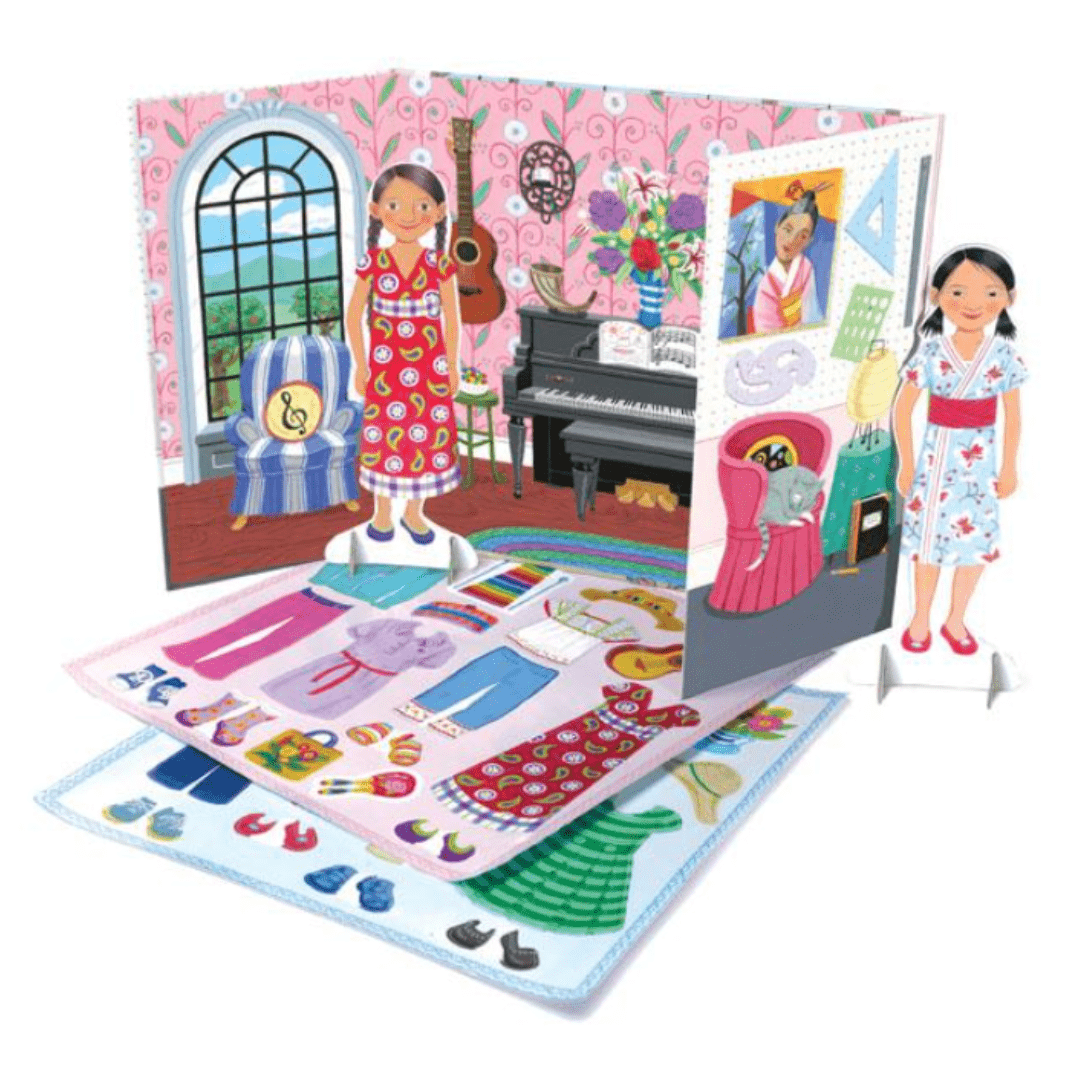 An eeBoo Paper Doll Set (Multiple Variants) dressed up in a pink dress, adorned with electrostatic vinyl stickers.