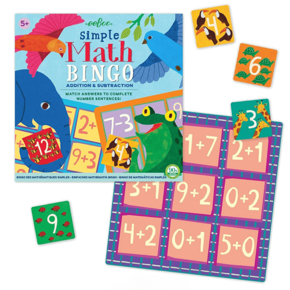 Product description: eeBoo Simple Math Bingo Game with animals and numbers.