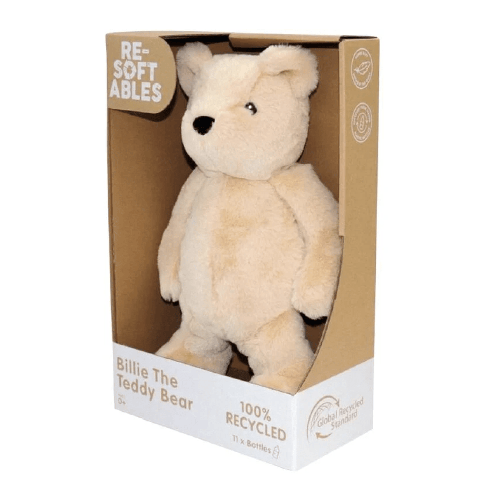 A Re-Softables Billie Teddy Bear Stuffed Animal in a cardboard box.