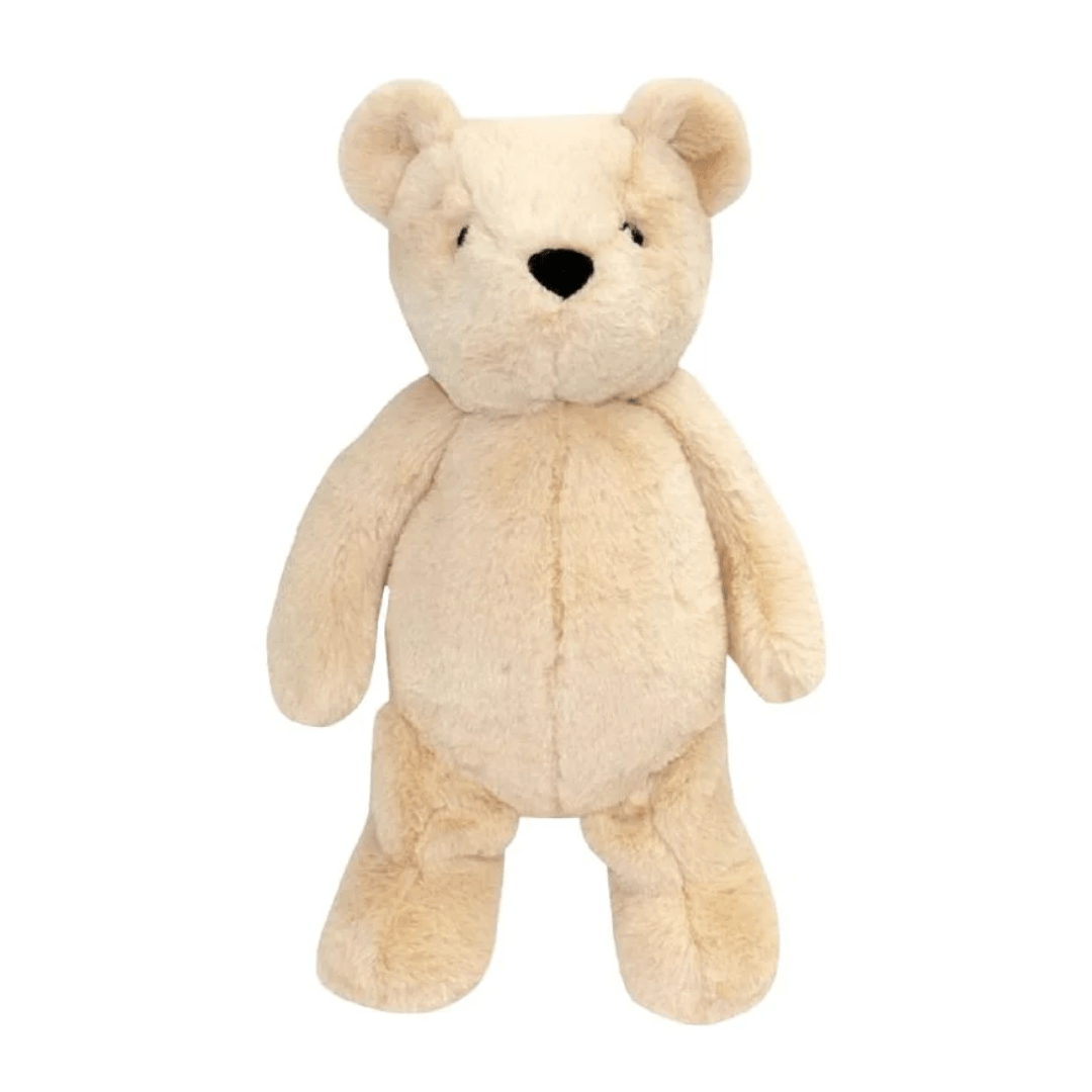 A Re-Softables Billie Teddy Bear Stuffed Animal is sitting on a white background, perfect as a baby gift made from recycled household plastics.