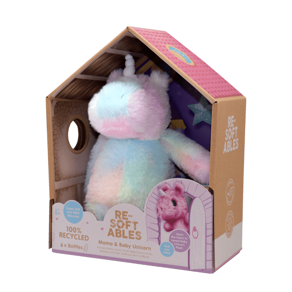 A Re-Softables Mama & Baby Unicorn Stuffed Animals in a box.