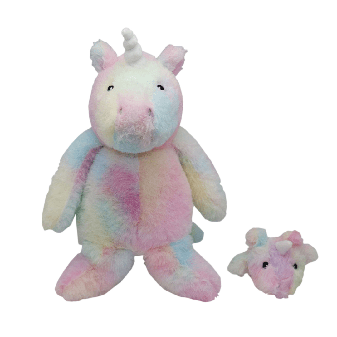 A Re-Softables Mama & Baby Unicorn Stuffed Animals next to a repurposed toy.