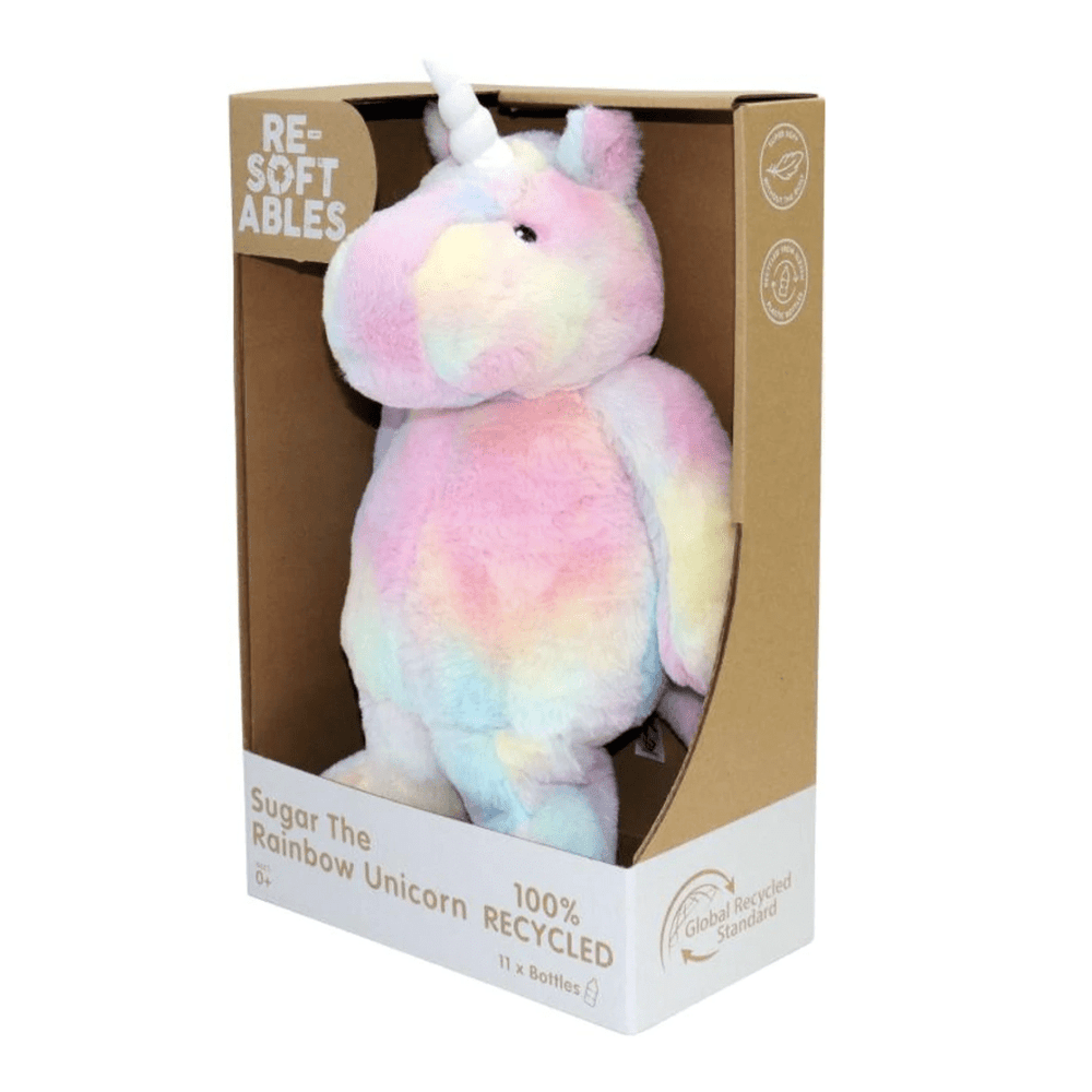 A sustainable gift, the Re-Softables Rainbow Unicorn Stuffed Animal, made from recycled household plastics and carefully packaged in a box.