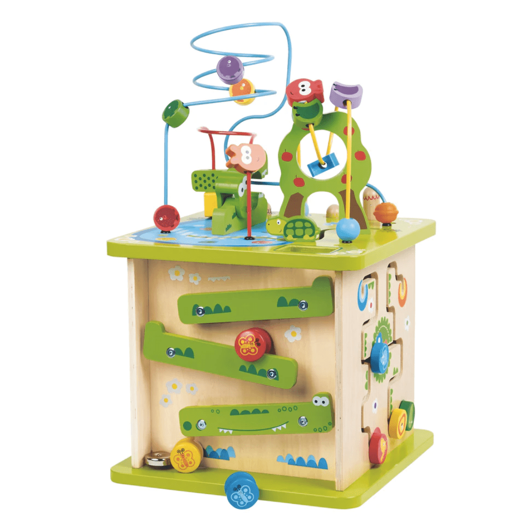 The Hape Wildlife Safari Adventure Centre, a versatile Hape toy, can grow with your child as they continue to develop new skills and interests. It features a wooden toy box filled with a variety of