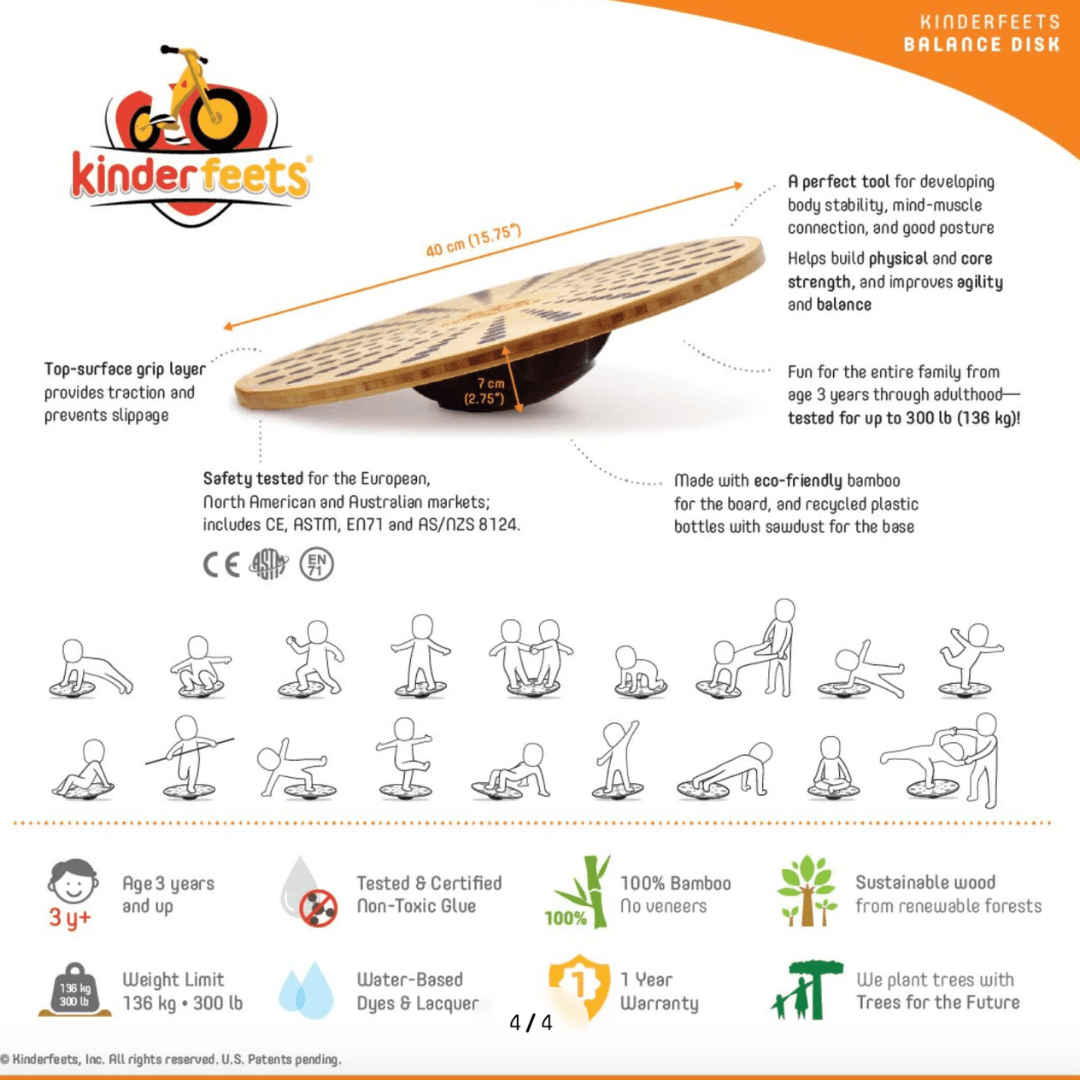 A poster promoting the eco-friendly Kinderfeets Bamboo Balance Disc, made with sustainable plastics.