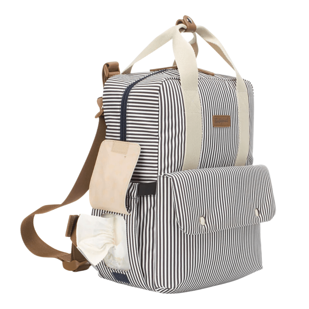 Side-Pocket-View-with-Wipes-of-Babymel-Georgi-Eco-Convertible-Nappy-Backpack-Navy-Stripe-Naked-Baby-Eco-Boutique
