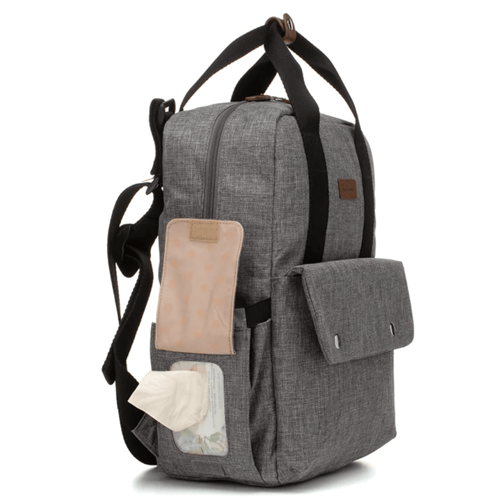 Side-View-Showing-Wipes-Pocket-of-Babymel-Georgi-Eco-Convertible-Nappy-Backpack-Grey-Naked-Baby-Eco-Boutique