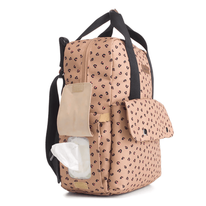 Side-View-Showing-Wipes-Pouch-of-Babymel-Georgi-Eco-Convertible-Nappy-Backpack-Caramel-Leopard-Naked-Baby-Eco-Boutique