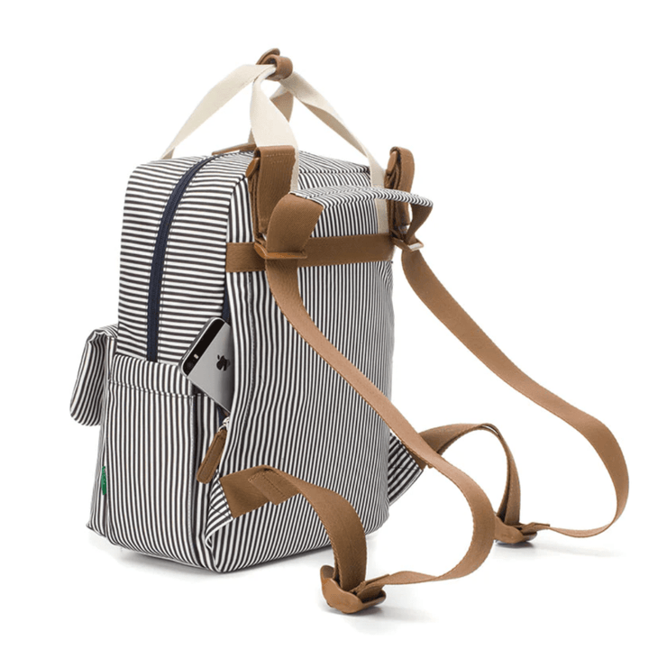 Side-and-Back-View-of-Babymel-Georgi-Eco-Convertible-Nappy-Backpack-Navy-Stripe-Naked-Baby-Eco-Boutique