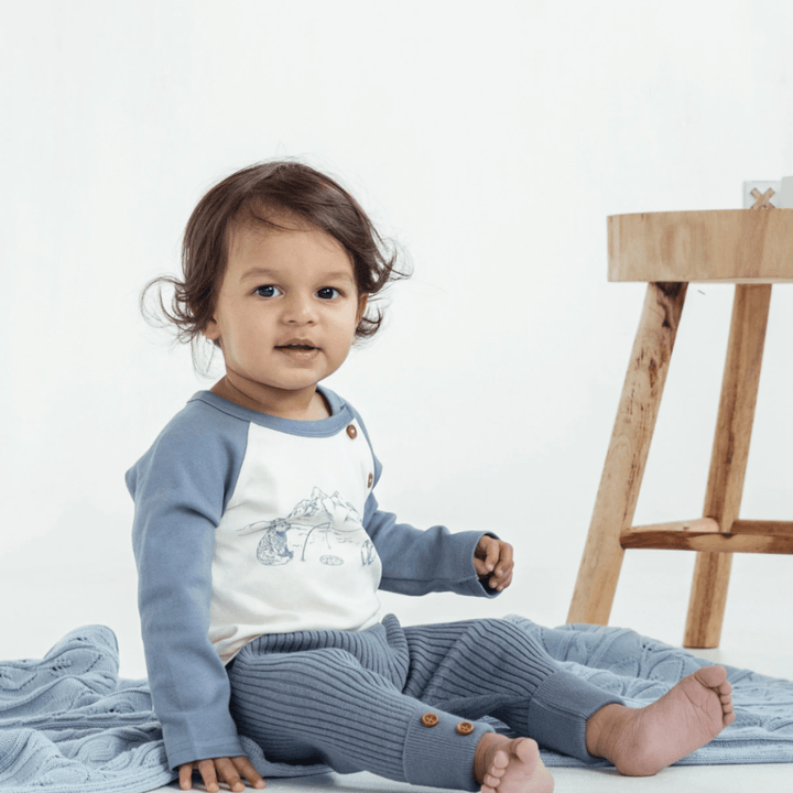 Sitting-Baby-Wearing-Aster-and-Oak-Organic-Knit-Leggings-Navy-Naked-Baby-Eco-Boutique