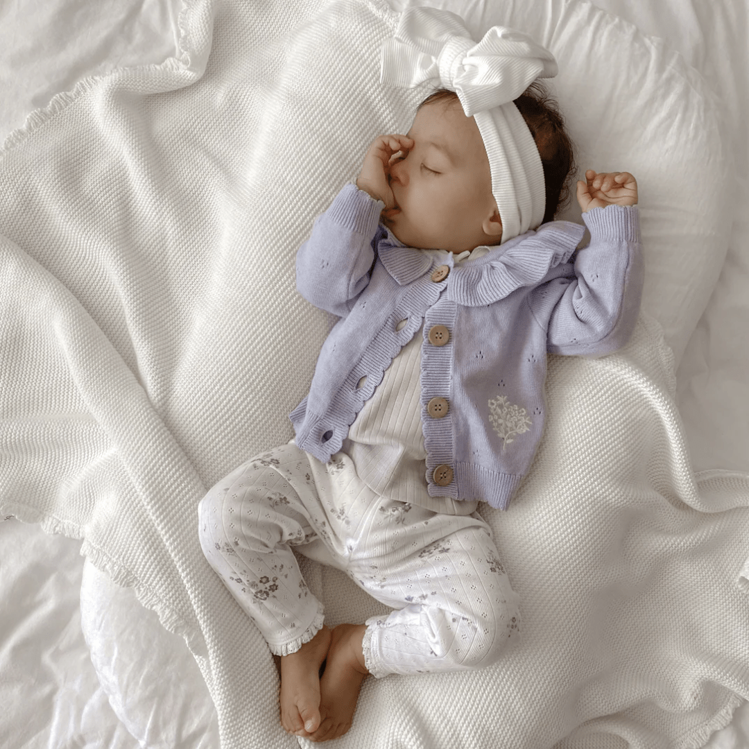 Sleeping-Baby-Wearing-Aster-And-Oak-Organic-Grace-Floral-Leggings-With-Matching-Cardigan-Naked-Baby-Eco-Boutique