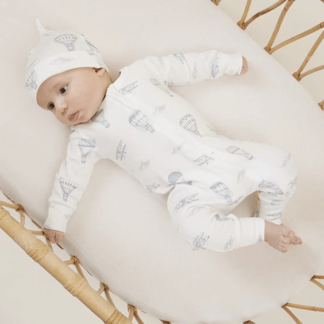 Sleeping-Baby-Wearing-Aster-And-Oak-Organic-Long-Sleeved-Zip-Romper-Air-Balloon-With-Matching-Knot-Hat-Naked-Baby-Eco-Boutique