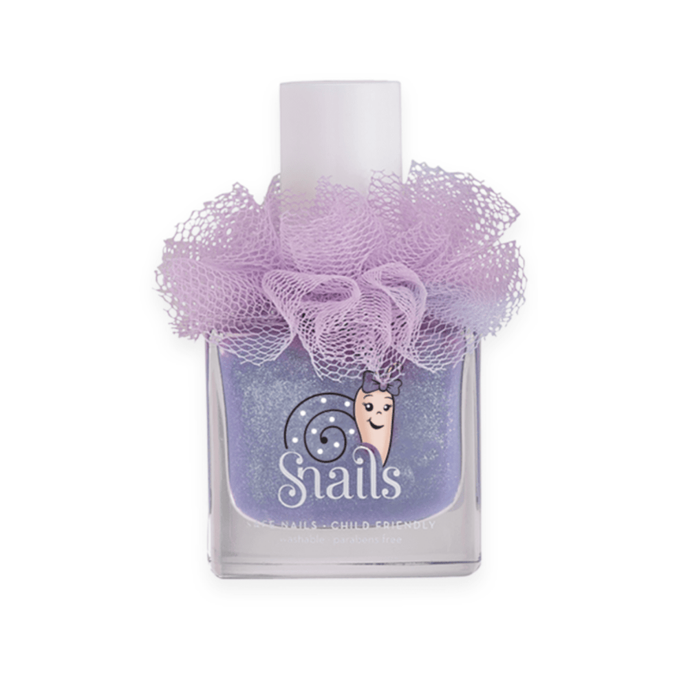 A SNAILS Ballerine Non-Toxic Washable Natural Nail Polish bottle adorned with a washable mesh bow.
