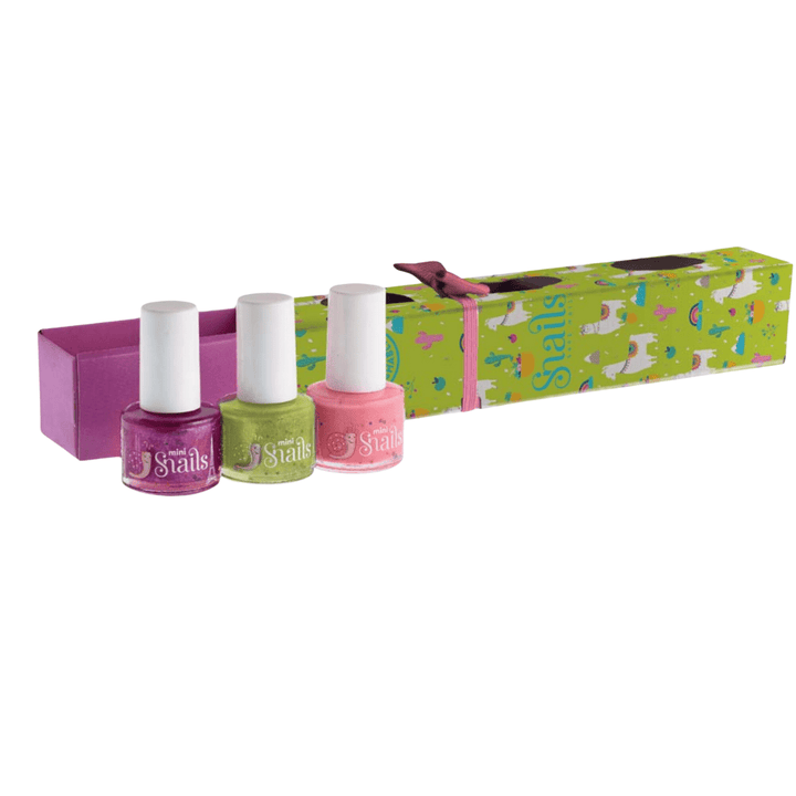 Three SNAILS Non-Toxic Washable Natural Nail Polishes in a pink and green box.