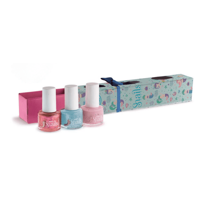 Three SNAILS non-toxic nail polishes in a pink box with a pink bow.