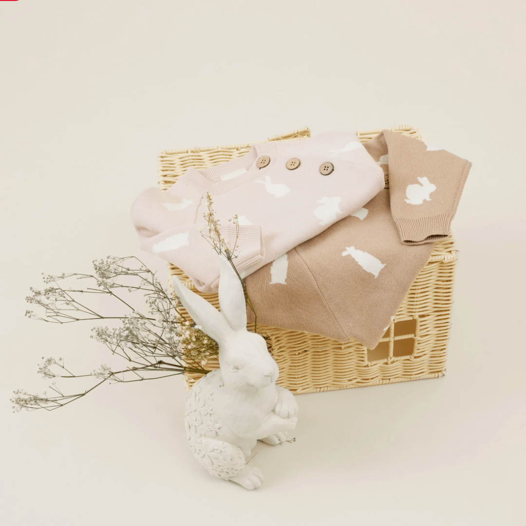 An Aster & Oak organic cotton, pastel-colored baby jumper folded in a wicker basket accompanied by a ceramic rabbit and dried flowers.