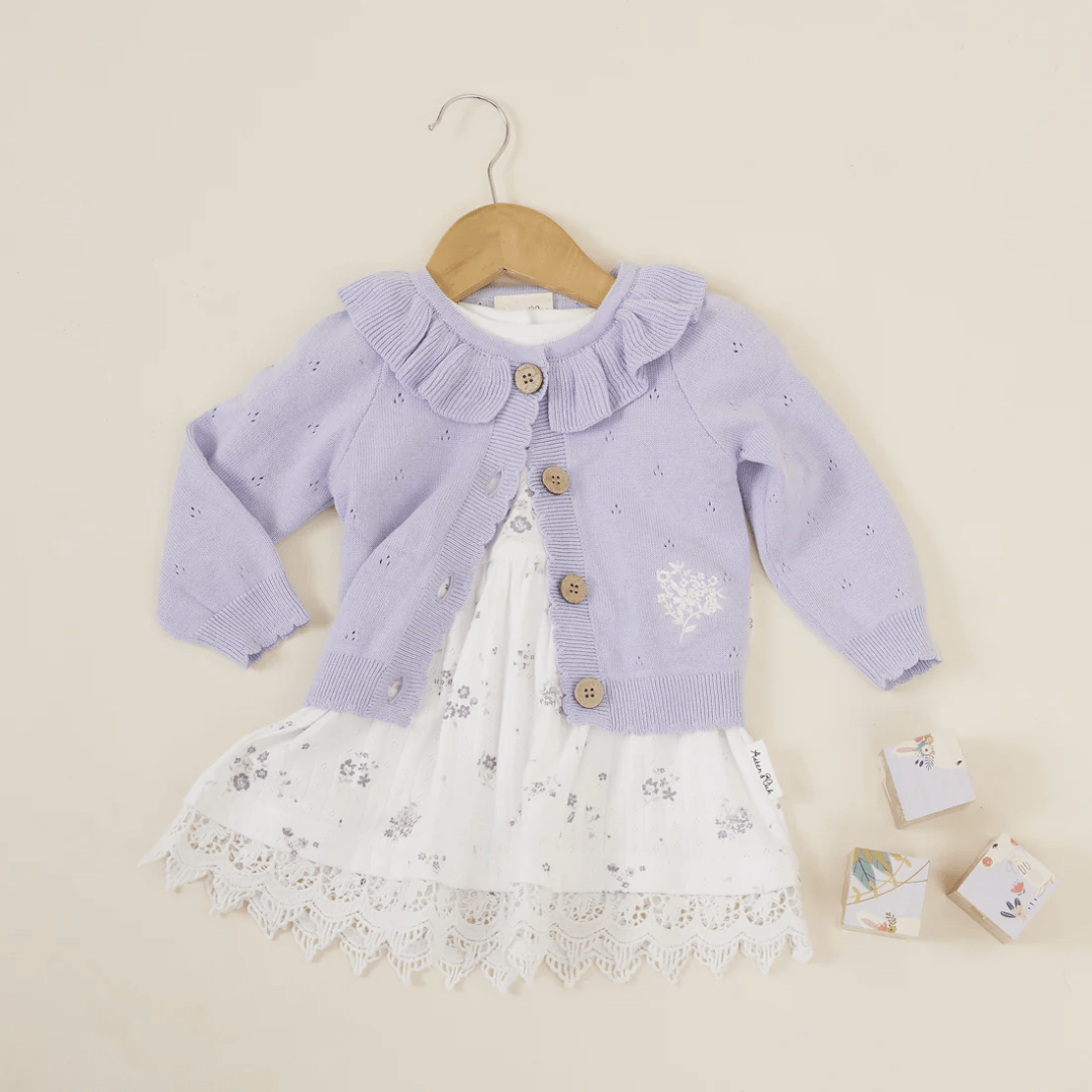 Styled-Flatlay-Of-Aster-Oak-Organic-Lavender-Knit-Cardigan-Naked-Baby-Eco-Boutique