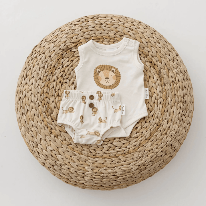 Styled-Image-Of-Aster-And-Oak-Organic-Lion-Print-Singlet-Onesie-Naked-Baby-Eco-Boutique
