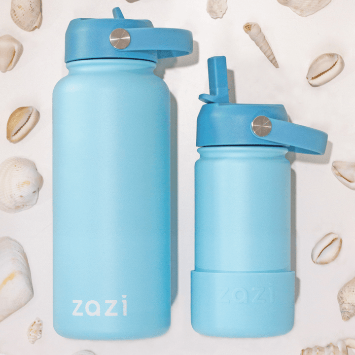 Styled-Image-Of-Both-Sizes-Of-Zazi-Flexiflask-Drink-Bottle-400ml-Ocean-Naked-Baby-Eco-Boutique