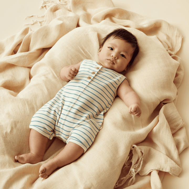 An Wilson & Frenchy organic cotton baby laying on a blanket in a blue Wilson & Frenchy striped romper.
