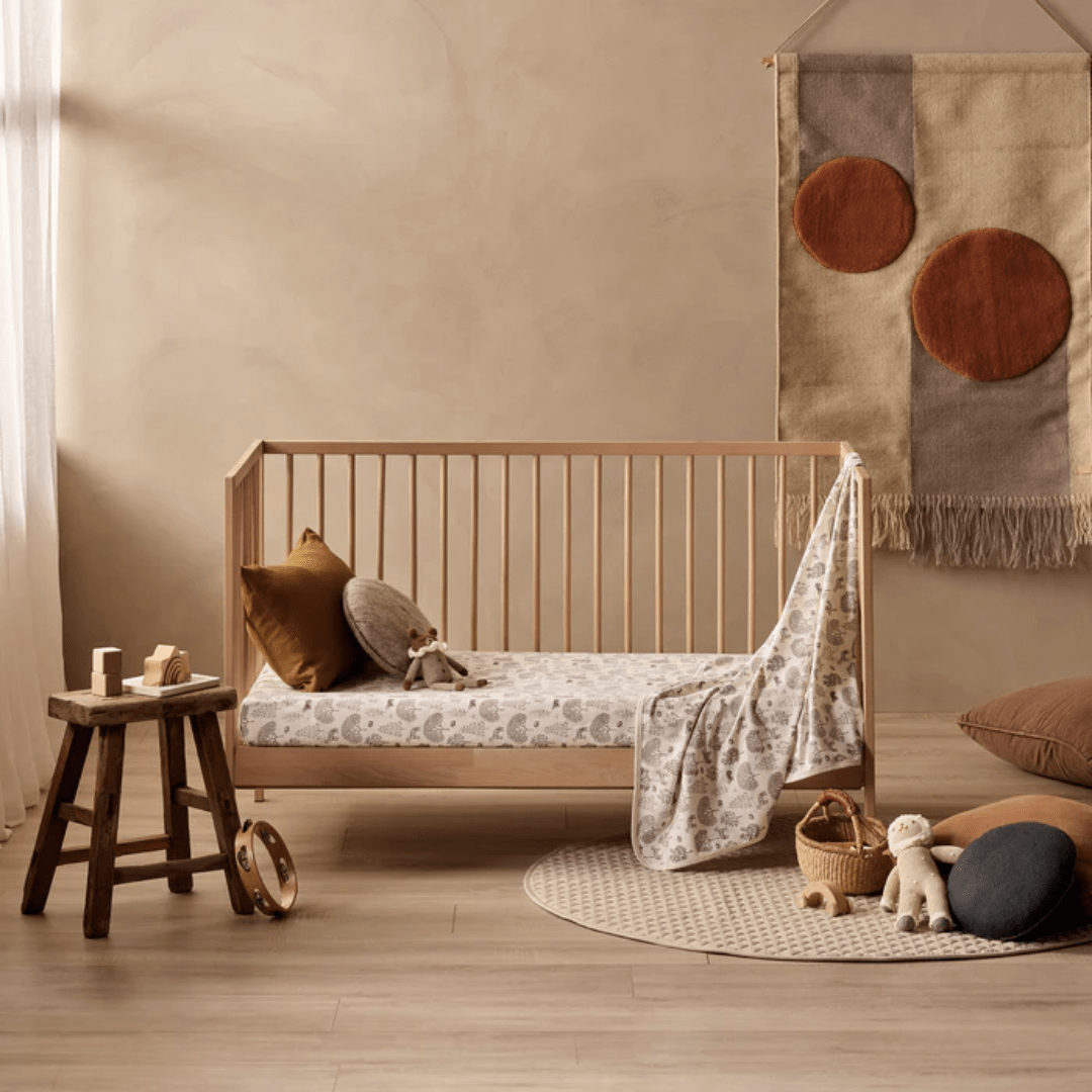 Styled-Image-Of-Wilson-And-Frenchy-Organic-Cotton-Cot-Sheet-Woodland-Naked-Baby-Eco-Boutique