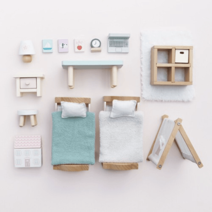 Styled-Image-Showing-All-Pieces-In-Le-Toy-Van-Daisylane-Childrens-Bedroom-Dollhouse-Furniture-Naked-Baby-Eco-Boutique