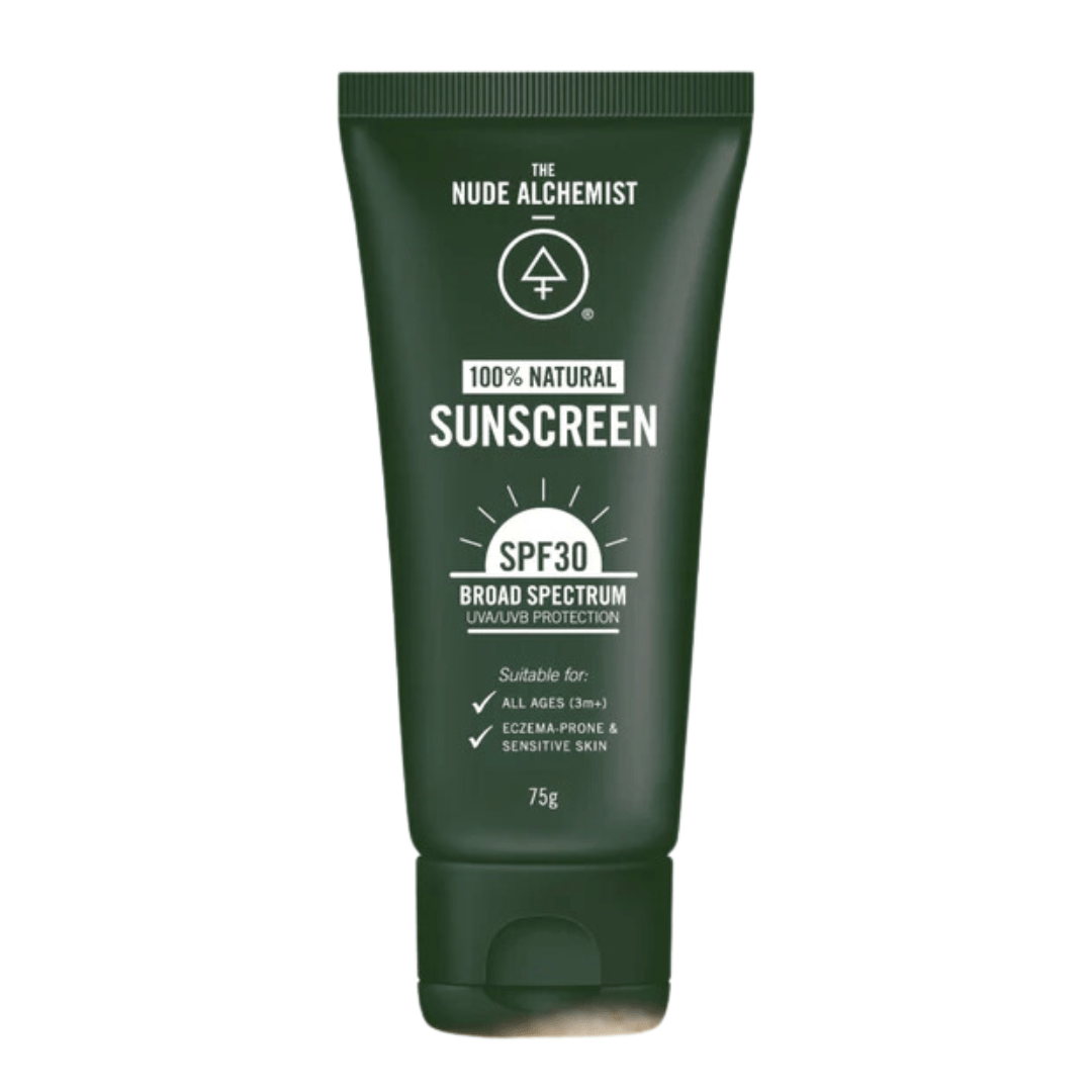 A tube of The Nude Alchemist All-Natural Sunscreen SPF30, featuring a green tube on a white background, providing sun protection.