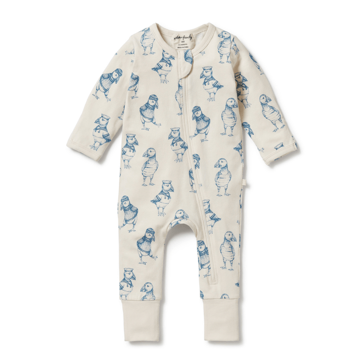 An adorable Wilson & Frenchy Organic Baby Pyjamas with a blue and white print, perfect as a baby gift.