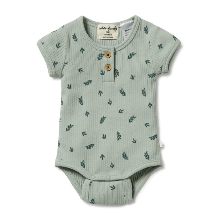 An adorable Wilson & Frenchy Falling Leaf Organic Rib Henley Onesie made from soft organic cotton with a convenient snap crotch.