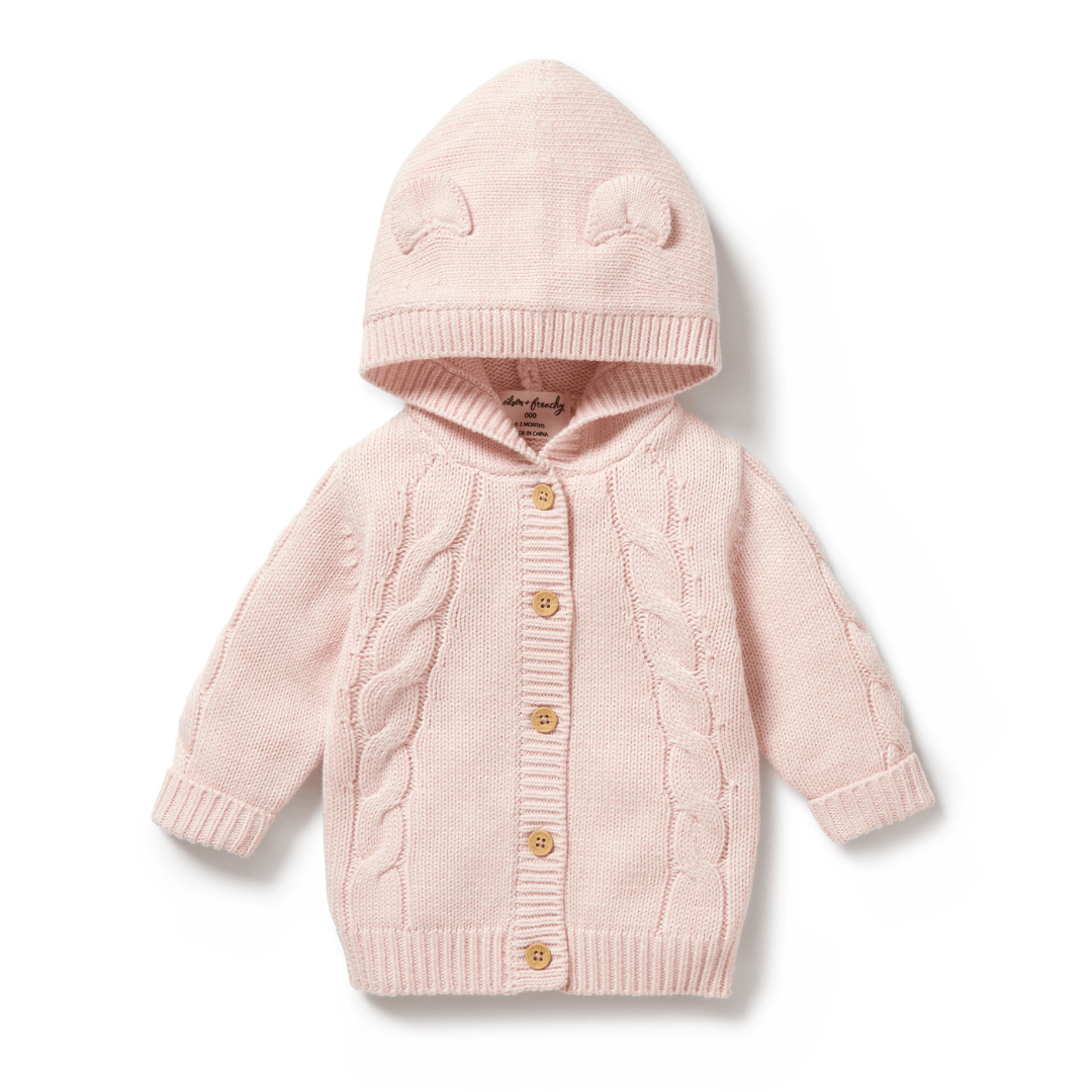 Baby's pink Wilson & Frenchy Cable Knit Hooded Jacket with hood on a white background.