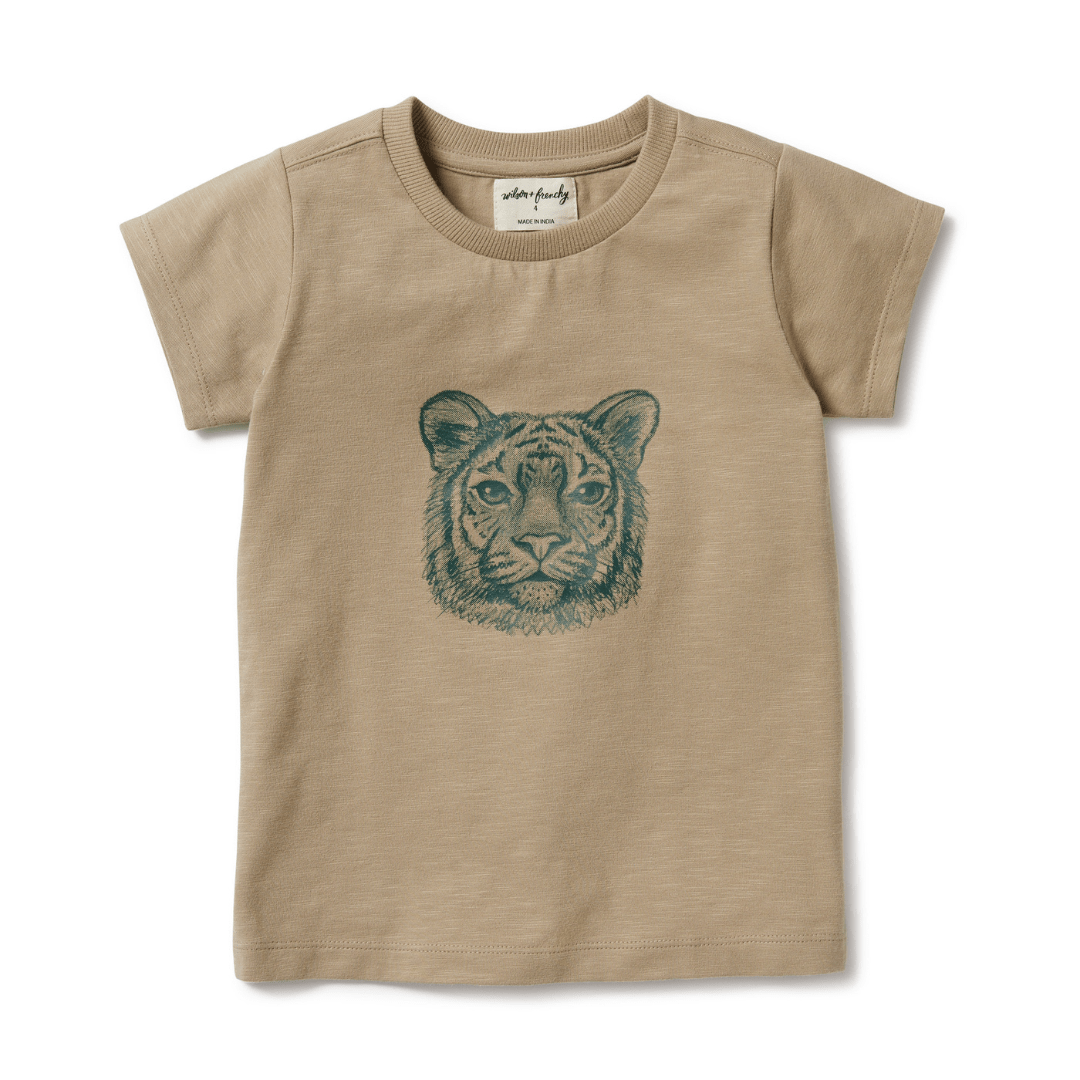 Plain beige Wilson & Frenchy Leo the Lion Organic Kids Tee with a tiger face graphic centered on the front.
