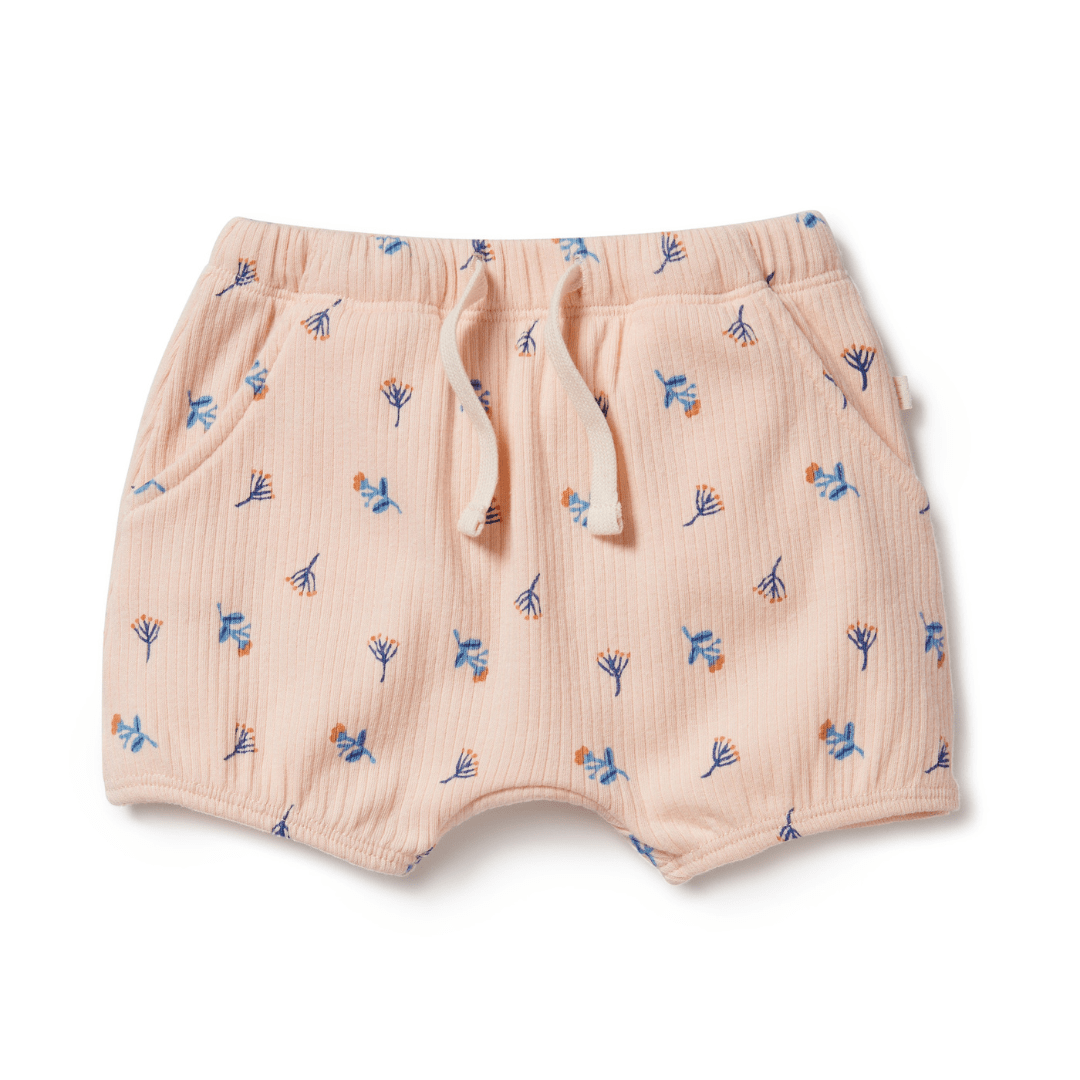 Wilson & Frenchy Little Flower Organic Rib Bloomer Shorts with an adjustable waistband.
