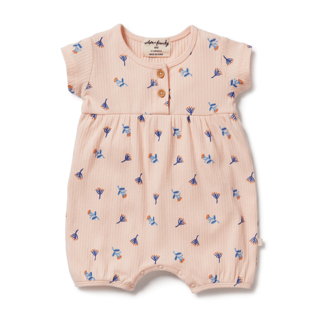 An Wilson & Frenchy Little Flower Organic Rib Playsuit for warmer weather, adorned with blue and white birds, perfect for a baby.