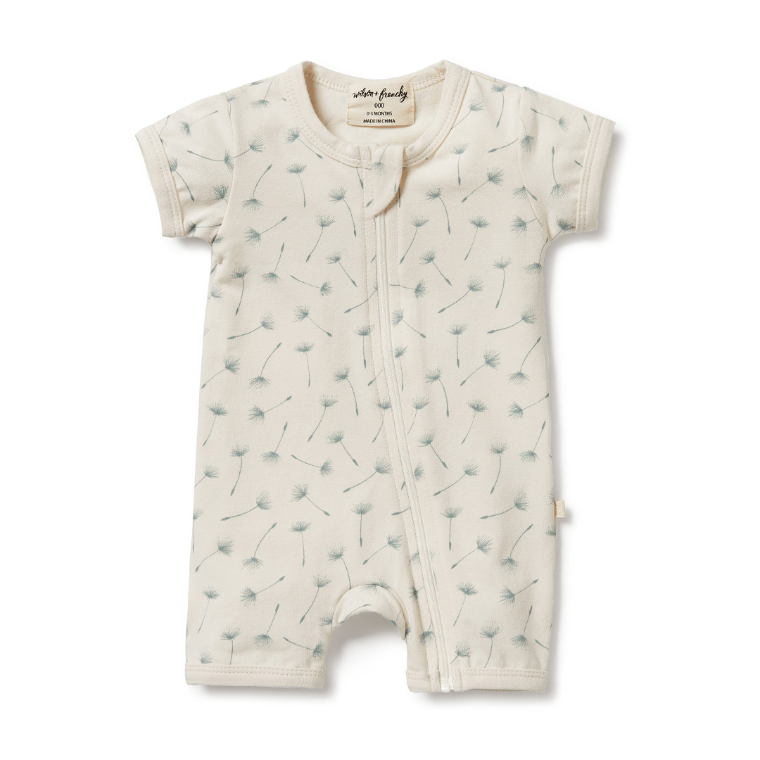 A short-sleeved Wilson & Frenchy organic baby romper with a bird pattern on a white background.