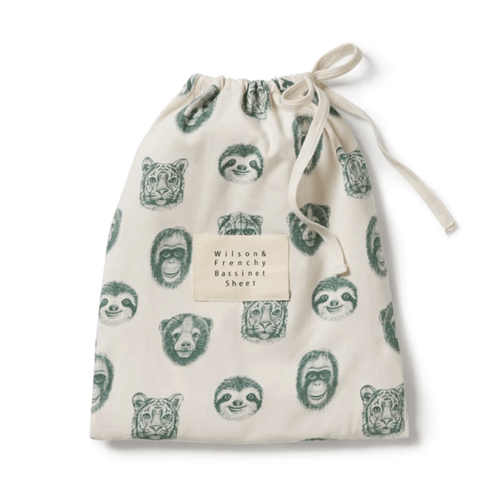 A Wilson & Frenchy drawstring bag with animal face prints and an LUCKY LAST - HELLO JUNGLE ONLY product label.