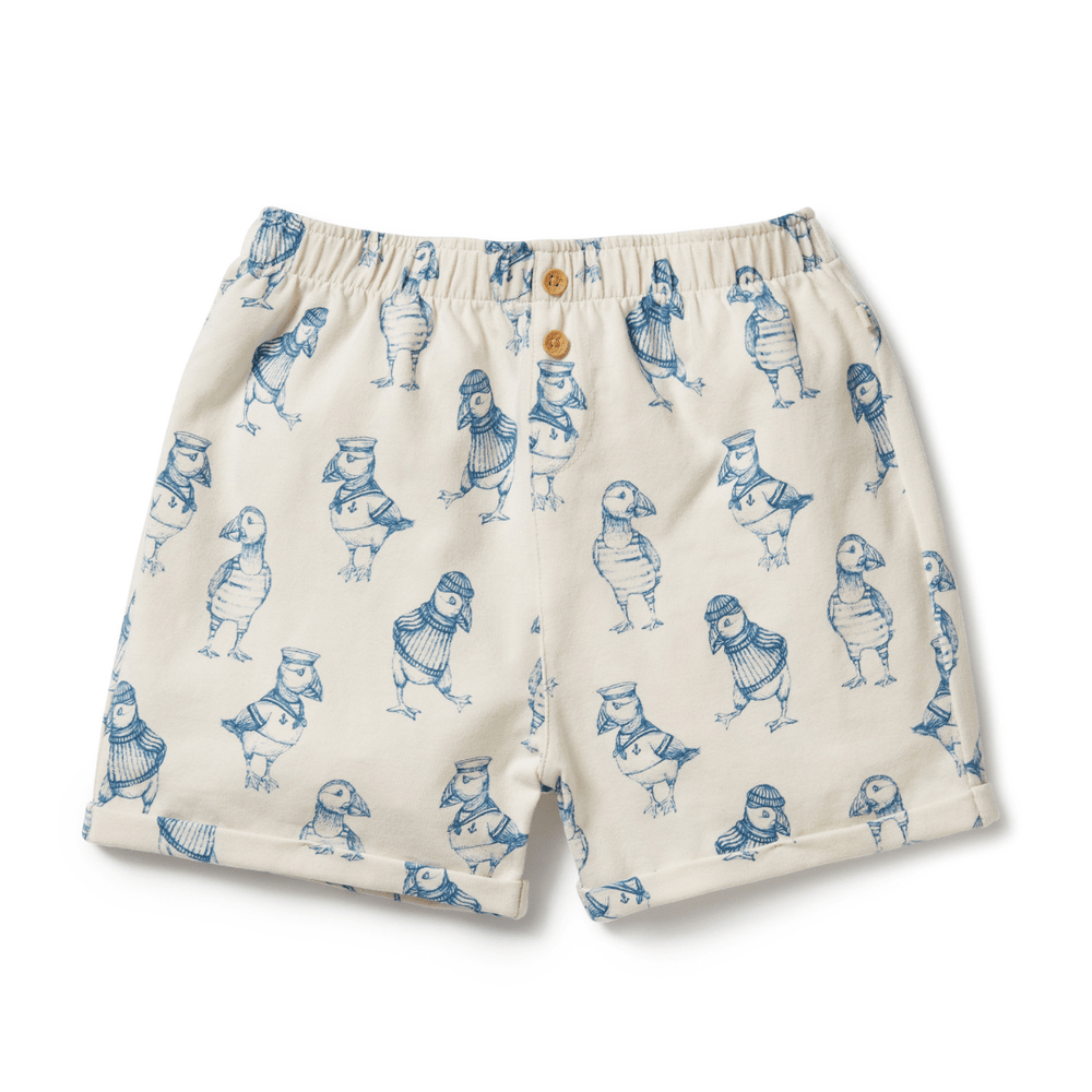Children's Wilson & Frenchy Organic Cotton Kids Shorts - LUCKY LASTS - HELLO JUNGLE - 5 YEARS ONLY with bird print on a white background.