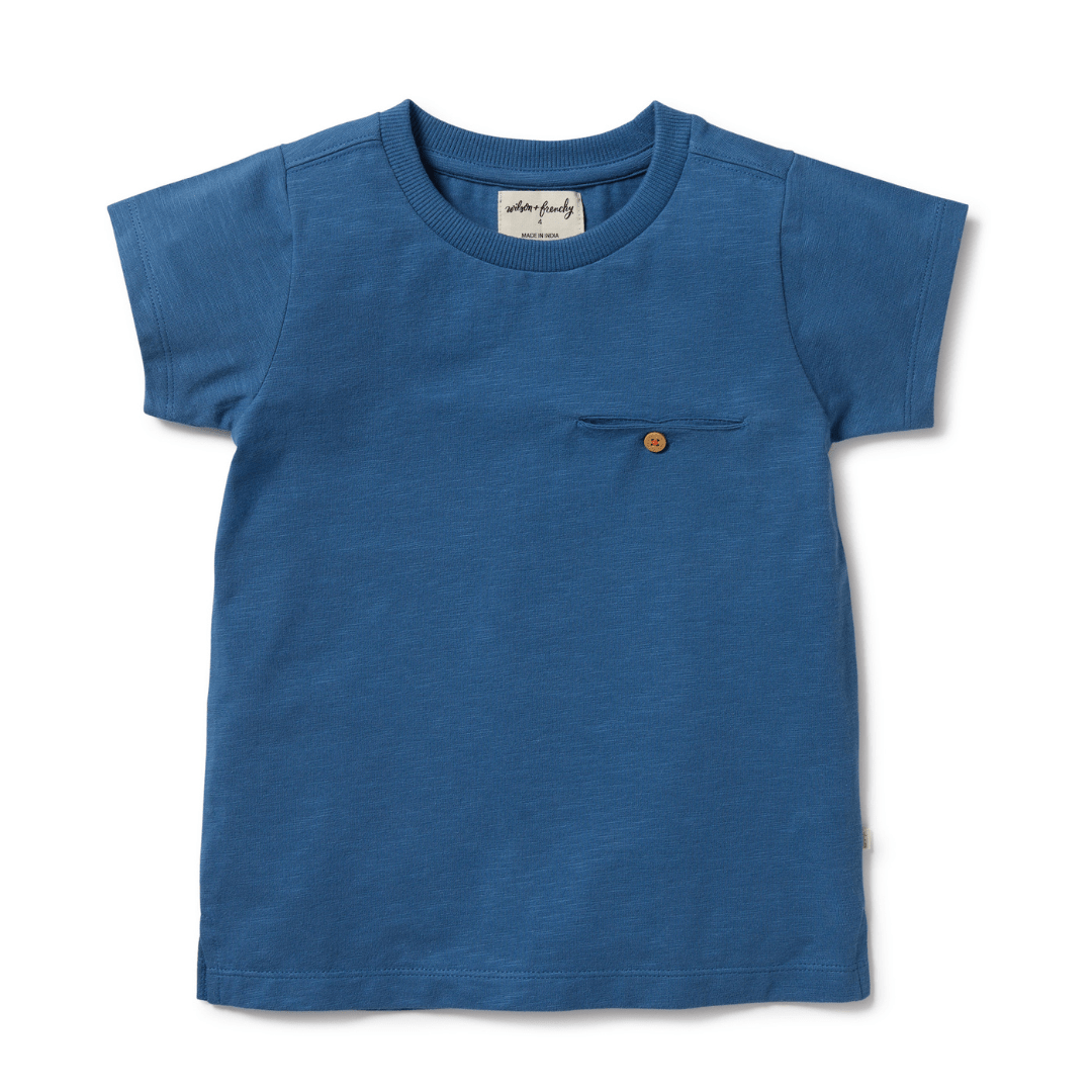 Wilson & Frenchy Organic Kids Pocket Tee - LUCKY LASTS - 5 YEARS ONLY, an outlet item, with a single button on the chest pocket, displayed on a white background.