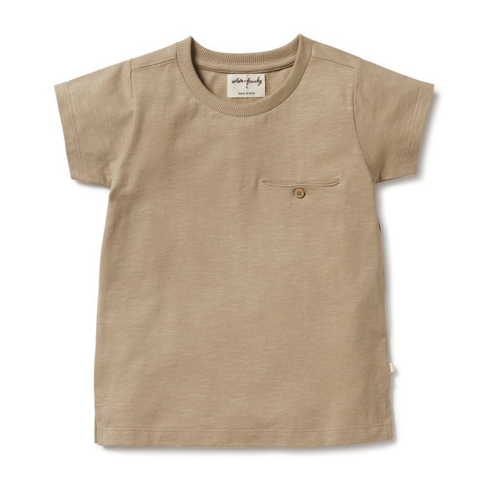Beige short-sleeved Wilson & Frenchy organic kids pocket tee displayed on a white background.