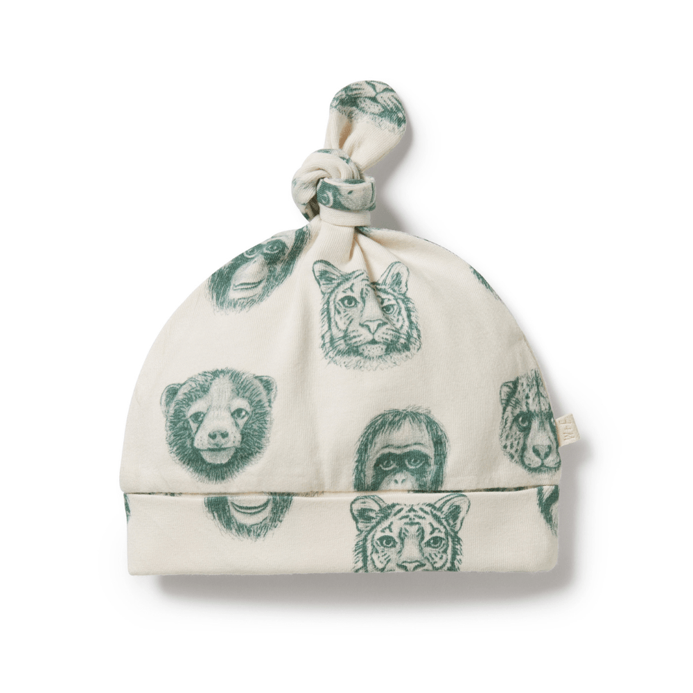 Baby's Wilson & Frenchy Organic Knot Hat with animal faces print on a white background.