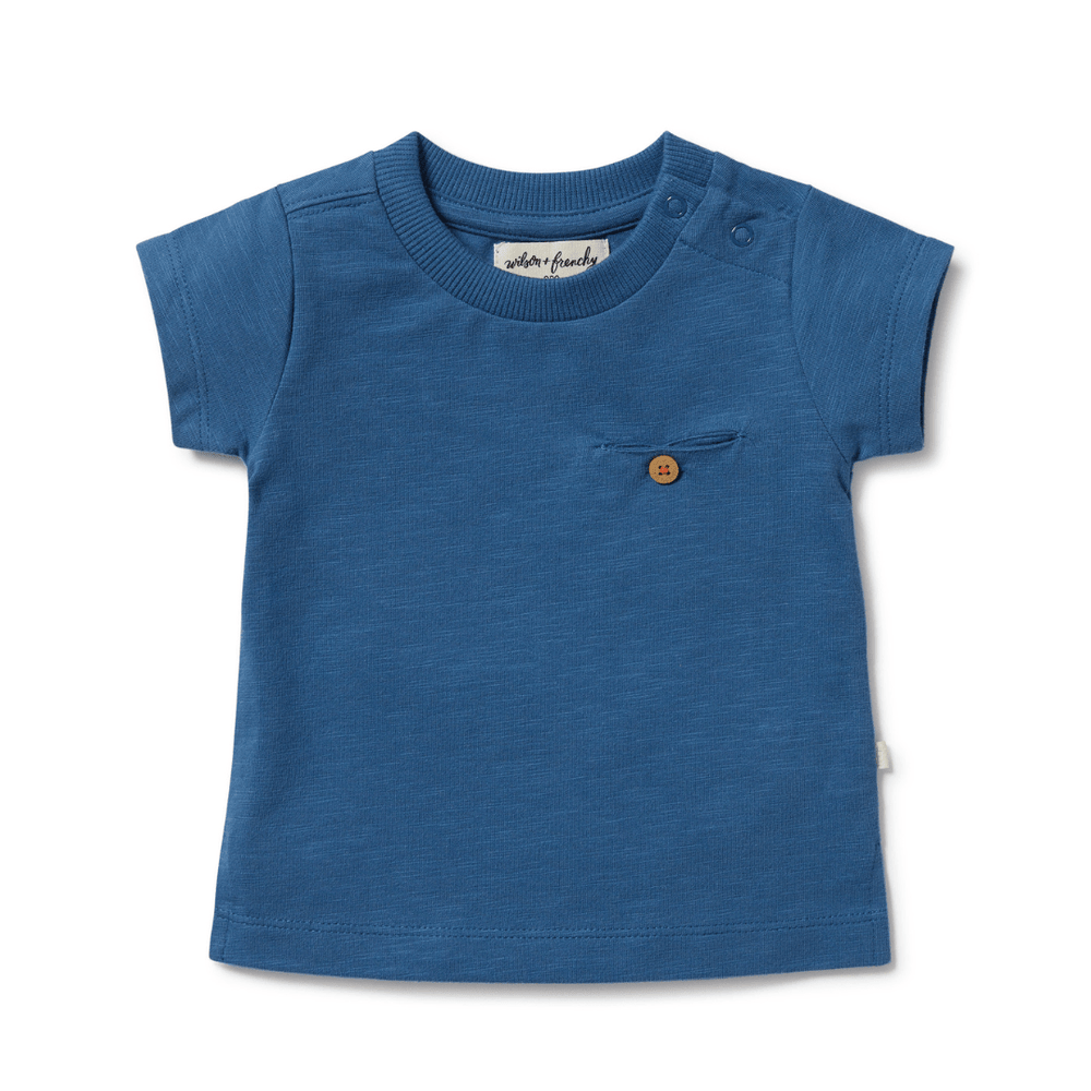A blue short-sleeve number with Wilson & Frenchy Organic Pocket Tee for a baby boy, by Wilson & Frenchy.