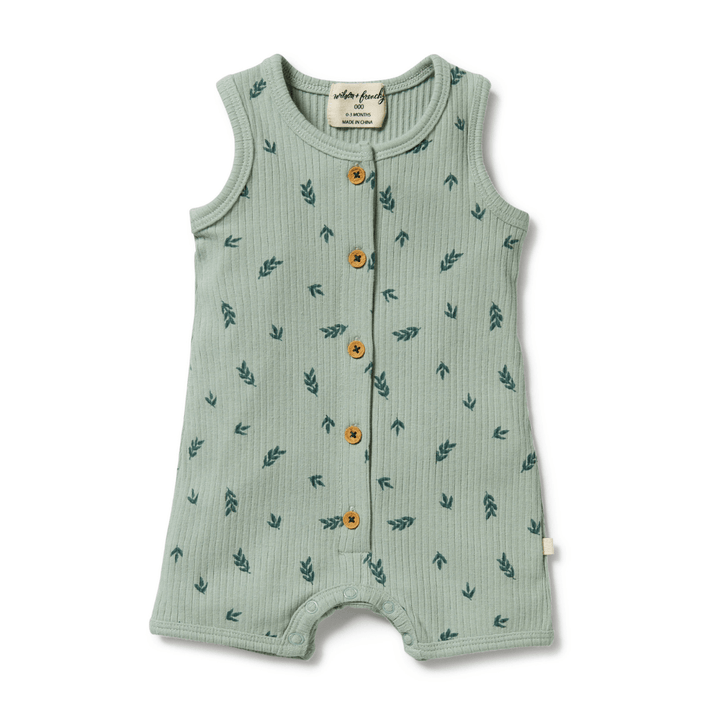 A Wilson & Frenchy Organic Rib Henley Growsuit in the LUCKY LAST - FALLING LEAF design, suitable for 6-12 months only, has green leaves on it.