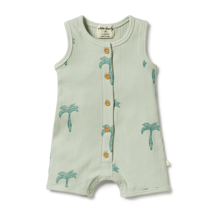 A sleeveless, Wilson & Frenchy Organic Rib Henley Growsuit featuring palm trees and a placket opening.