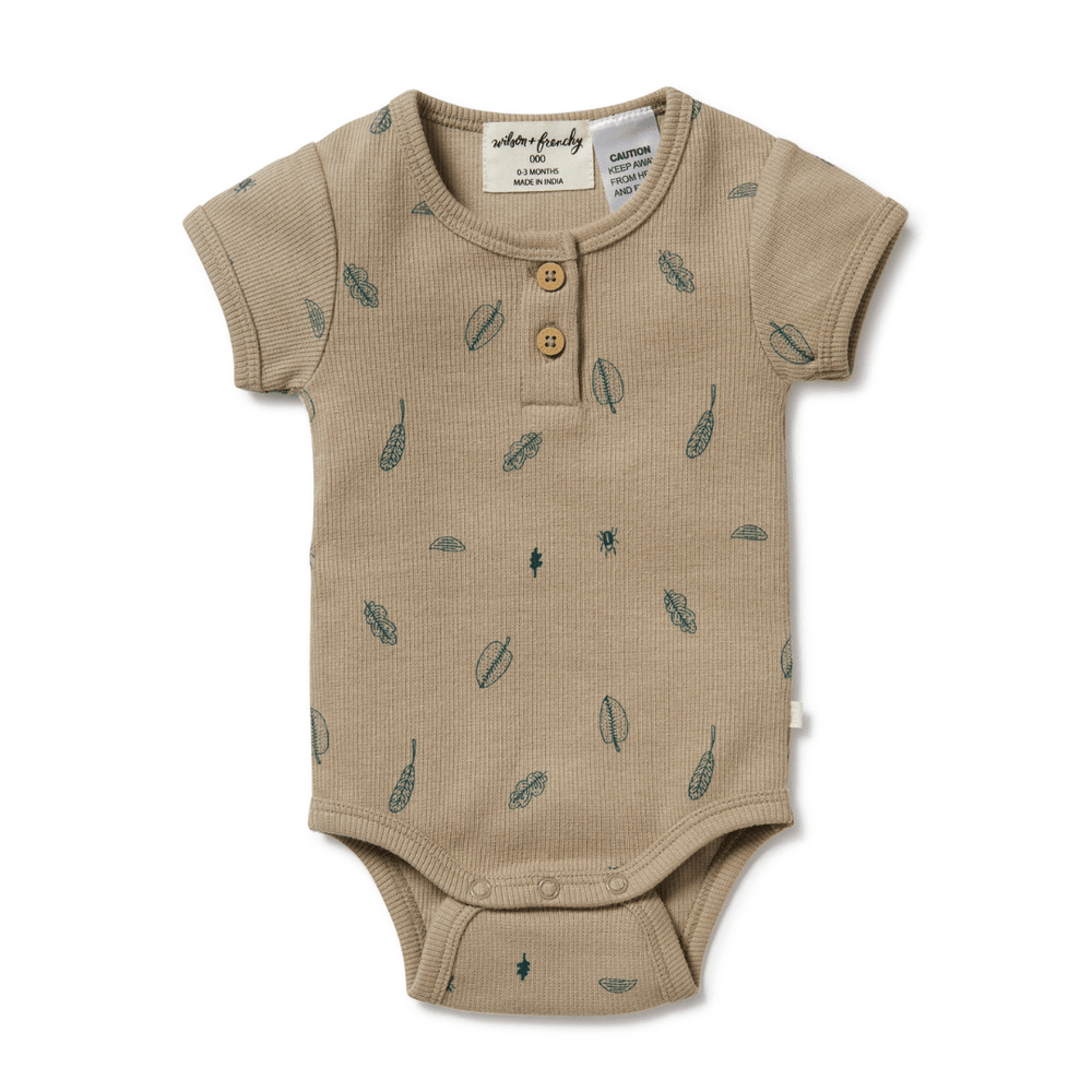 Wilson & Frenchy Organic Rib Henley Onesie with feather print design, made of organic cotton.
