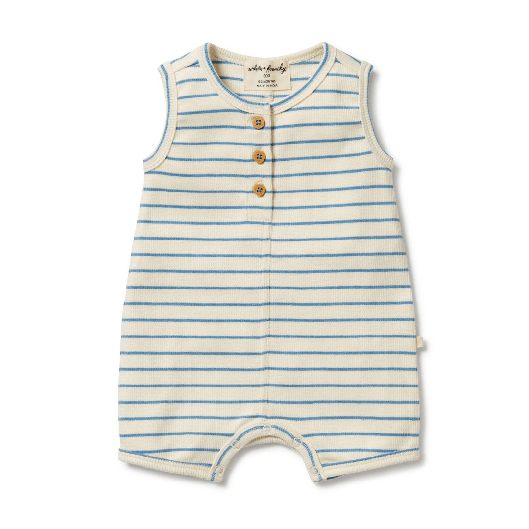 A Wilson & Frenchy Organic Rib Stripe Henley Growsuit in petit blue with buttons made from organic cotton.