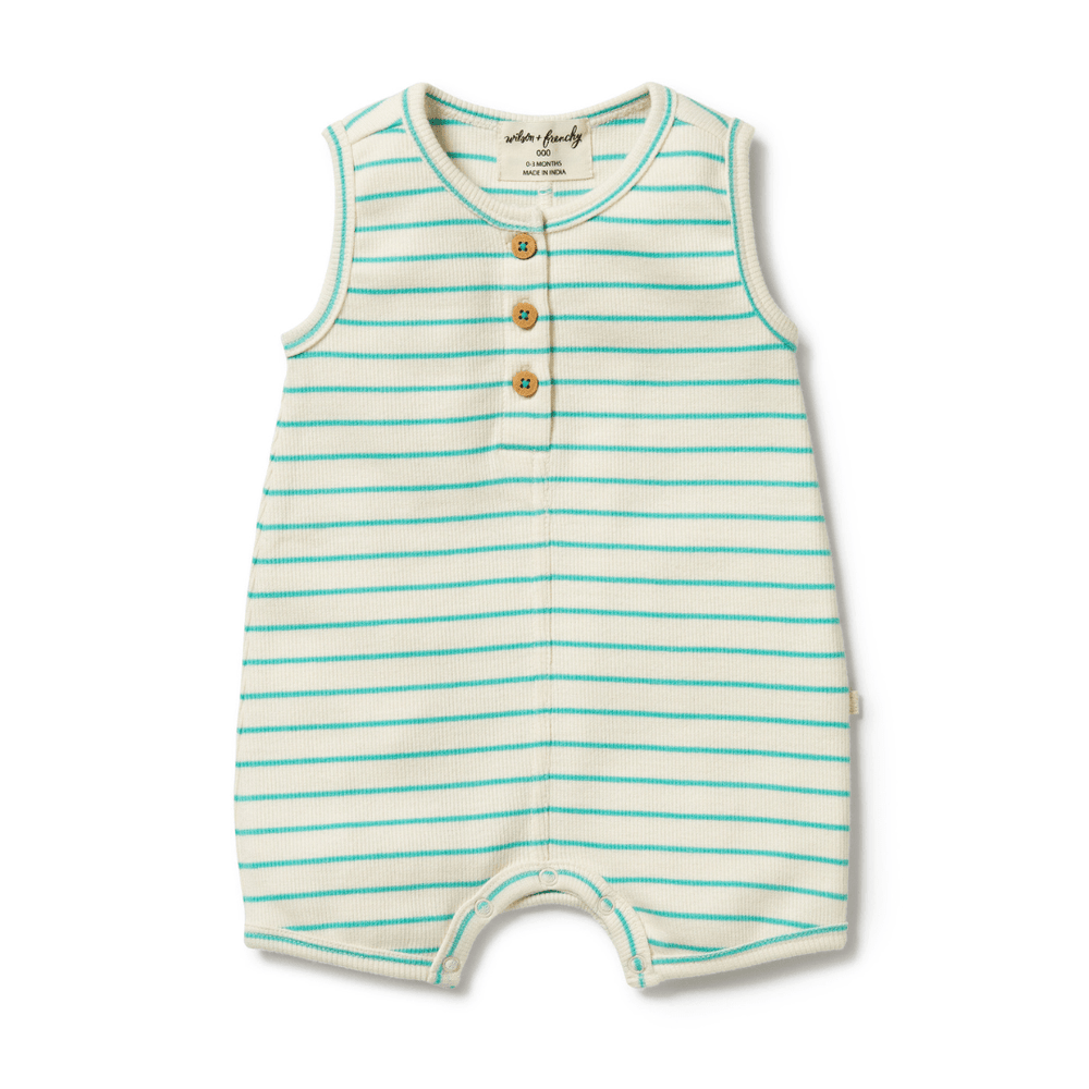 This Wilson & Frenchy Organic Rib Stripe Henley Growsuit in Petit Blue is made of organic cotton and is an outlet item.
