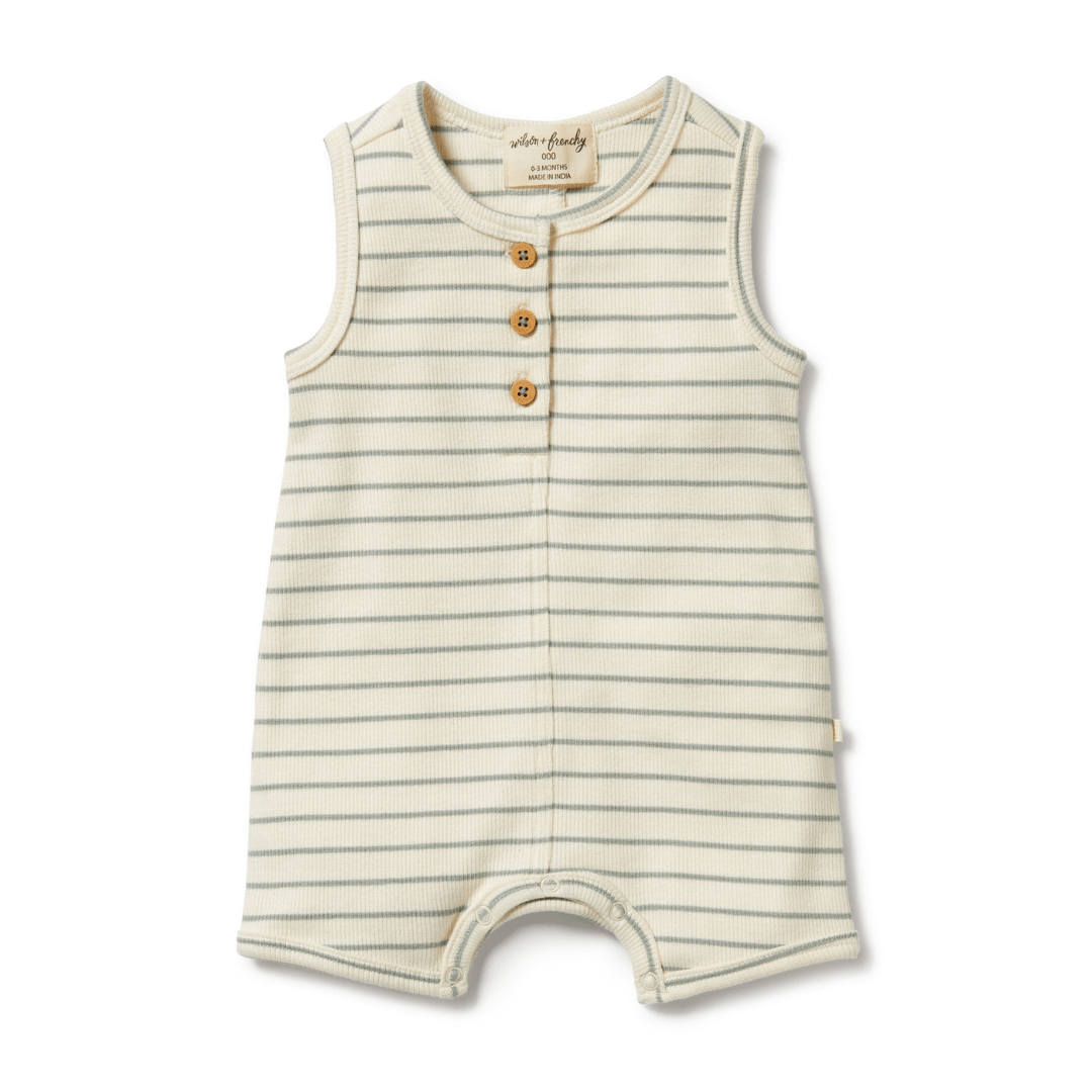 A baby boy's Wilson & Frenchy Organic Rib Stripe Henley Growsuit made from organic cotton, now on final sale.