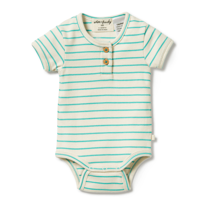 An Wilson & Frenchy Organic Rib Stripe Henley Onesie in a light blue and white stripe with a snap crotch.
