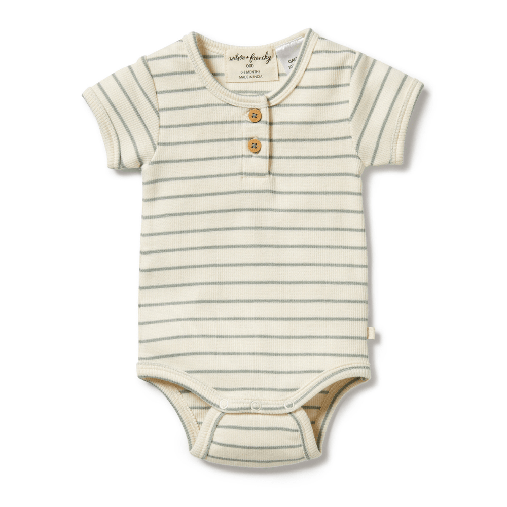 A Wilson & Frenchy Organic Rib Stripe Henley Onesie made of organic cotton, featuring buttons and stripes.