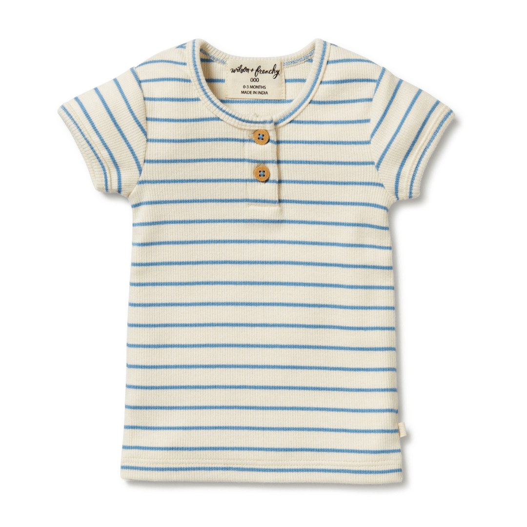 A Wilson & Frenchy Organic Rib Stripe Henley Tee with stretchy elastane in blue and white.